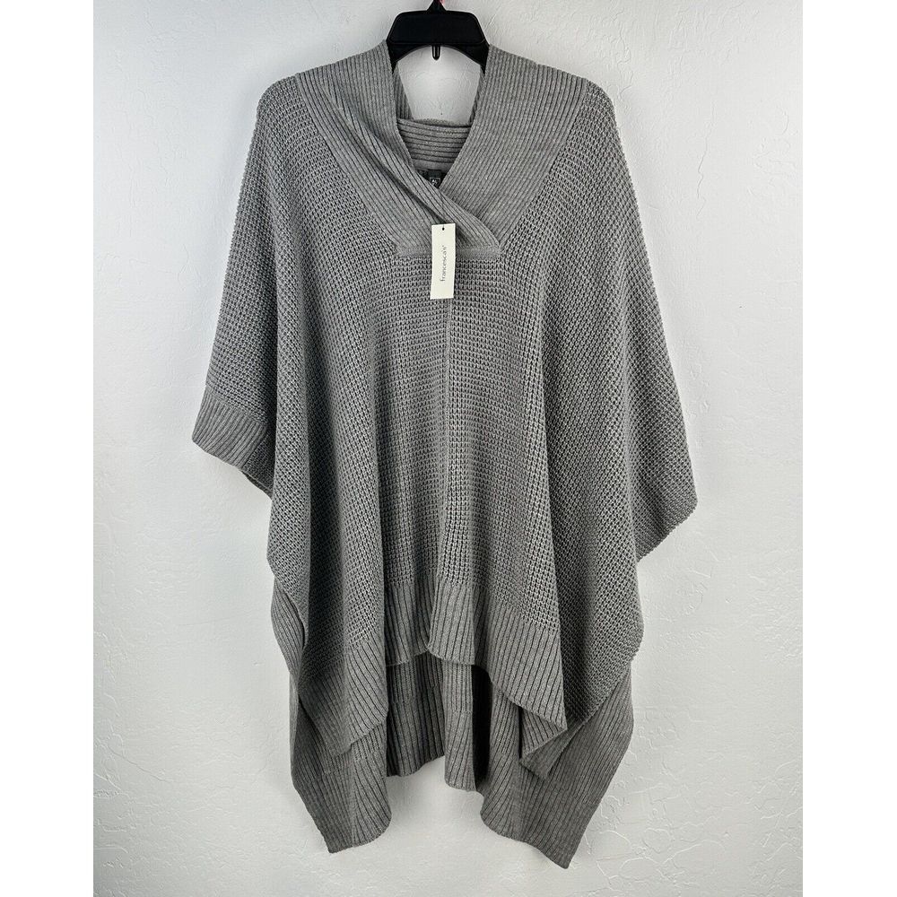 Francescas Alya Poncho Cape Gray Waffle Knit M/L shawl Open Sides Oversized NEW